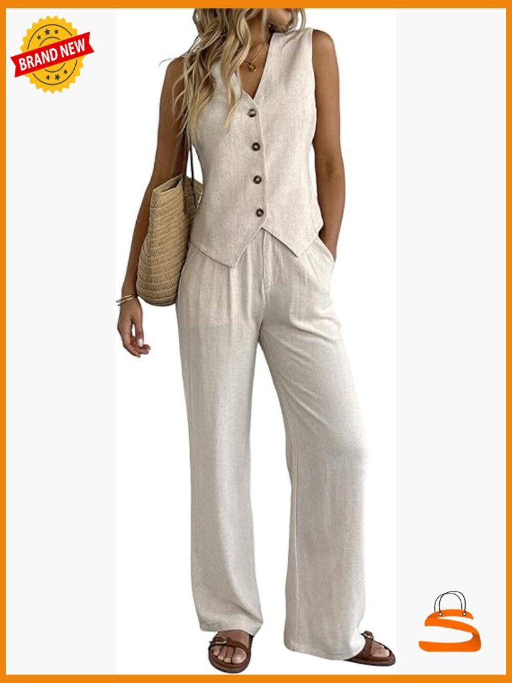 Linen 2 Piece Suit Set: Vest & Wide Leg Pants Matching Outfit